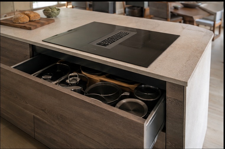 Shoreditch Dark Timber Island Kitchen — Downdraft hob and deep pan drawer