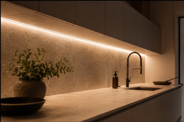 Canary Wharf Penthouse Kitchen & Living — Backlit stone splashback along the run