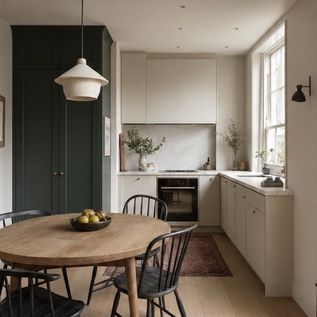 Fulham Compact Kitchen-Diner — Dining end with pendant over the table