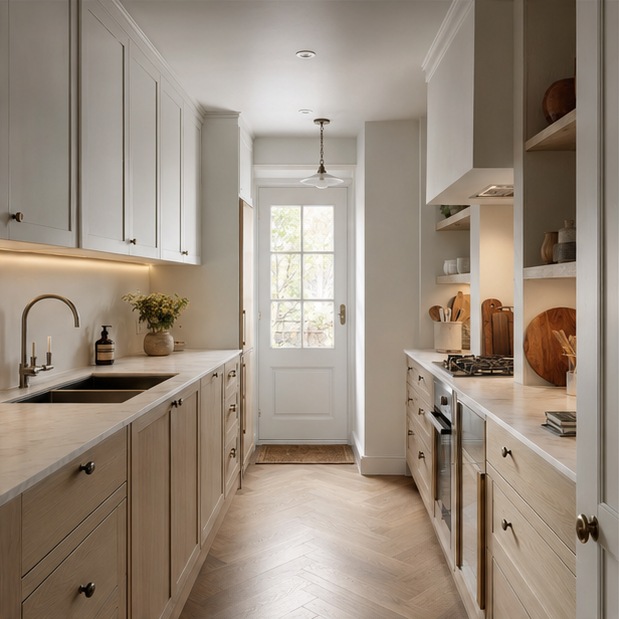Hackney Galley Kitchen Transformation — Run of base units and worktop lighting