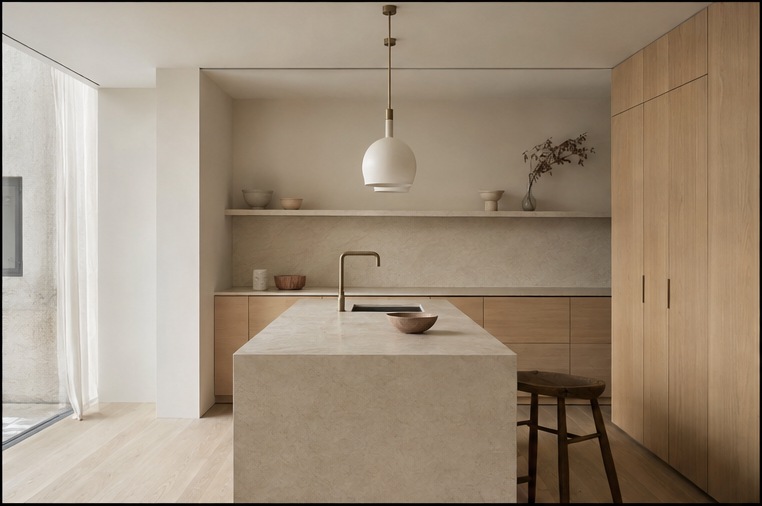 Camden Dated Flat to Warm Oak Kitchen — Stone island and pendant over the prep zone