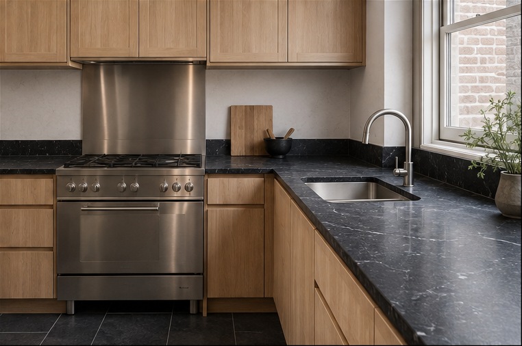 Battersea Micro-Cement Island Kitchen — Range cooker and honed stone worktop