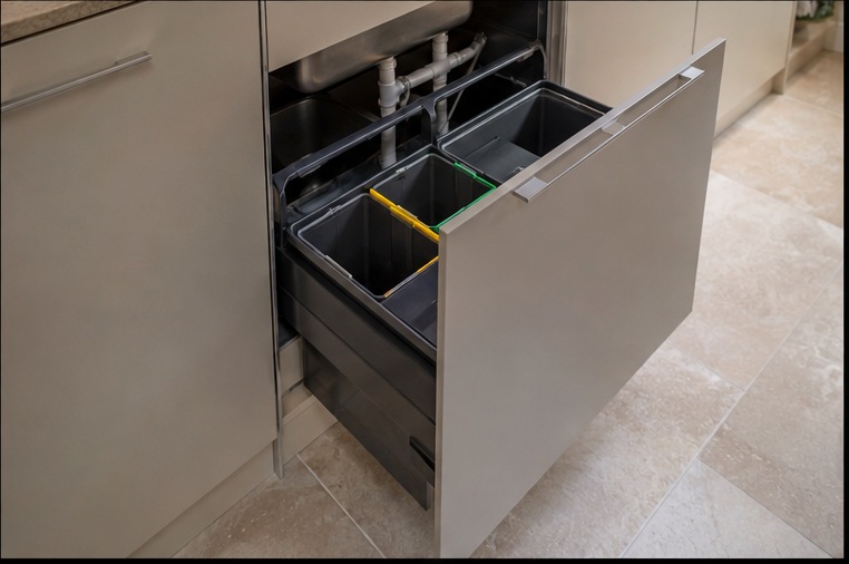 Islington Minimal Green Kitchen — Integrated waste and recycling drawer