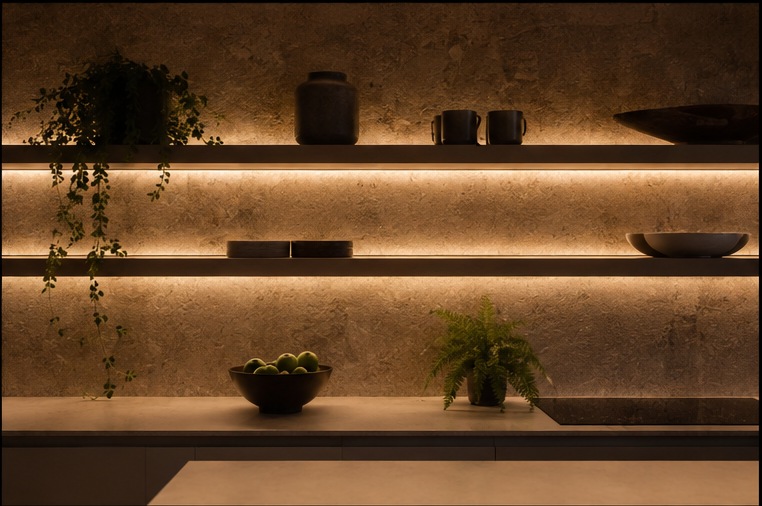 Canary Wharf Penthouse Kitchen & Living — Illuminated shelving wall detail
