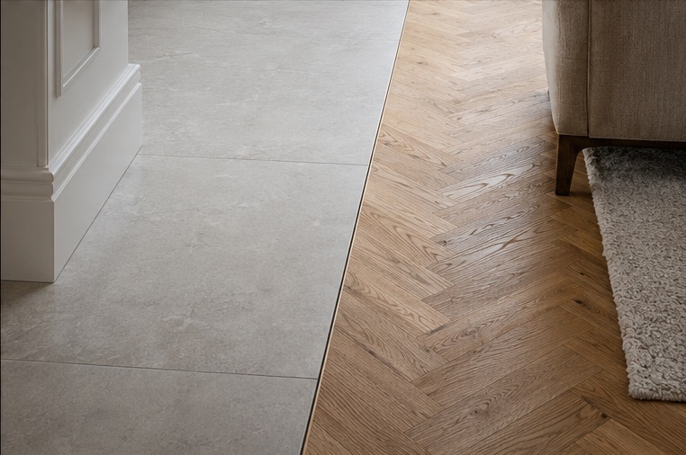 Islington Minimal Green Kitchen — Porcelain to parquet floor transition detail
