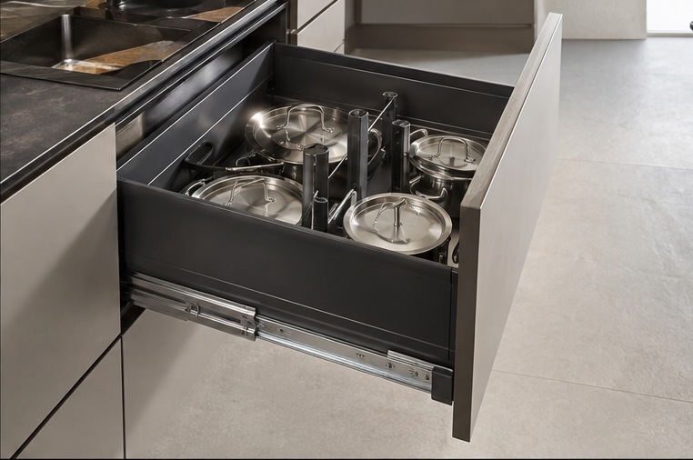 Camden Dated Flat to Warm Oak Kitchen — Deep pan drawer with internal organisation