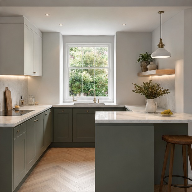 Fulham Compact Kitchen-Diner — L-shaped run with green base units
