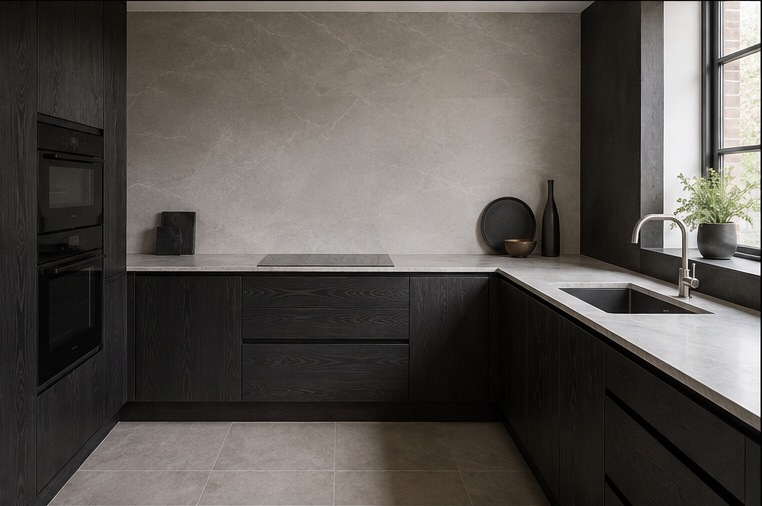 Battersea Micro-Cement Island Kitchen — Dark run with integrated ovens