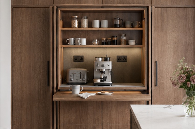 Chelsea Burgundy Kitchen & Pantry — Breakfast cupboard with pocket doors