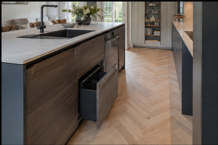 Shoreditch Dark Timber Island Kitchen — Island end with integrated bin pull-out