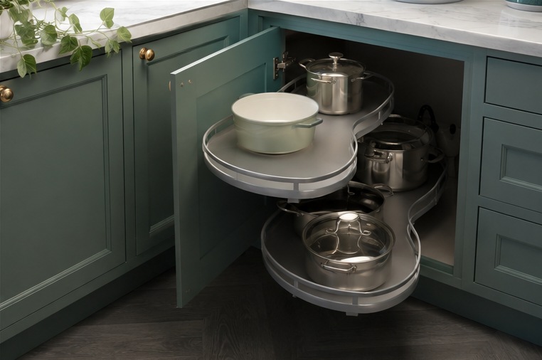 Notting Hill Sage Shaker Kitchen — Corner carousel storage inside the run