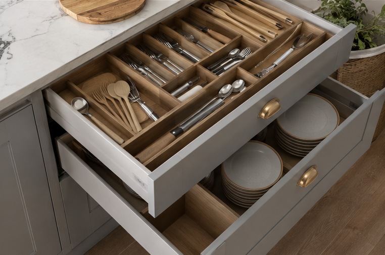 Notting Hill Sage Shaker Kitchen — Cutlery and crockery drawer organisation