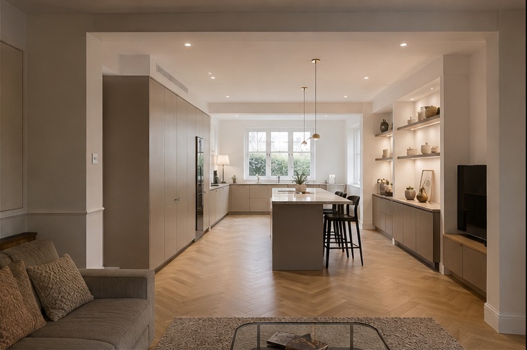 Ealing Walnut Island Family Kitchen — Long open-plan view back through the room