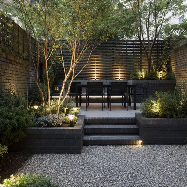 Islington Tired Lawn to Lit Gravel Terrace completed garden design
