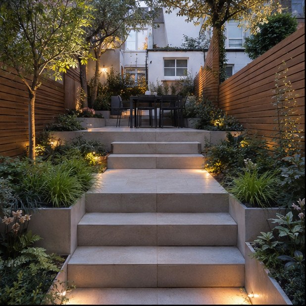 Hampstead Broken Steps to Sculpted Stone Stair completed garden design